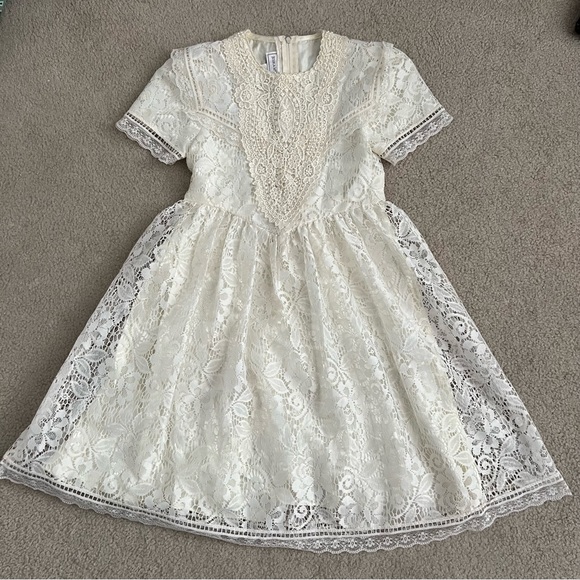 Vintage 80s Jessica McClintock Girls Short Sleeve Cream Lace Dress Sash Tie - Picture 4 of 14